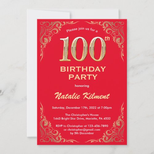 100th Birthday Red and Gold Glitter Frame Invitation