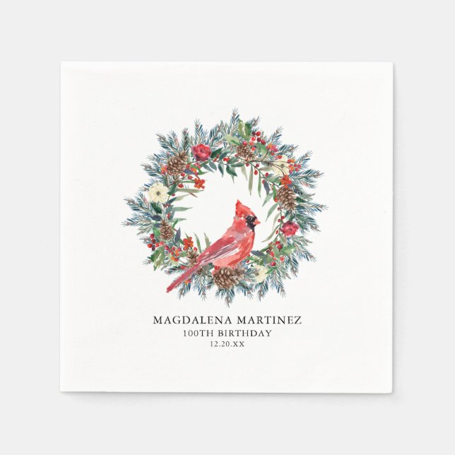 100th Birthday Red Cardinal Wreath Custom Cocktail Napkins (Front)