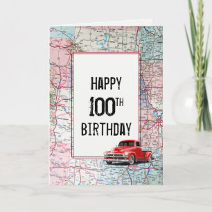 100th Birthday Red Retro Truck on Map  Card