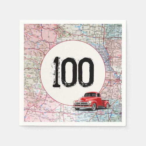 100th Birthday Red Retro Truck on Road Map  Napkins