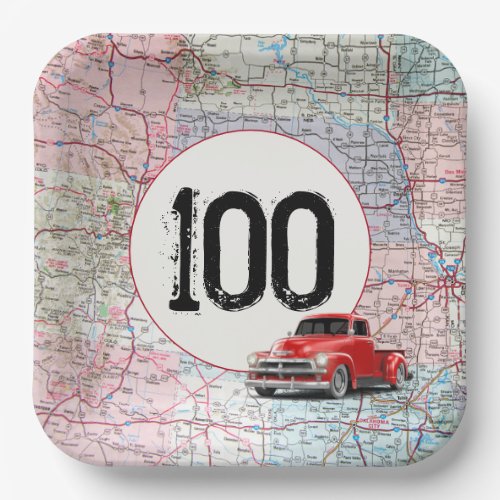 100th Birthday Red Retro Truck on Road Map Paper Plates