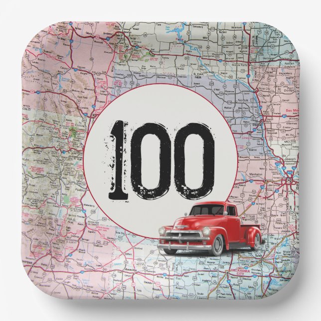 100th Birthday Red Retro Truck on Road Map Paper Plates (Front)