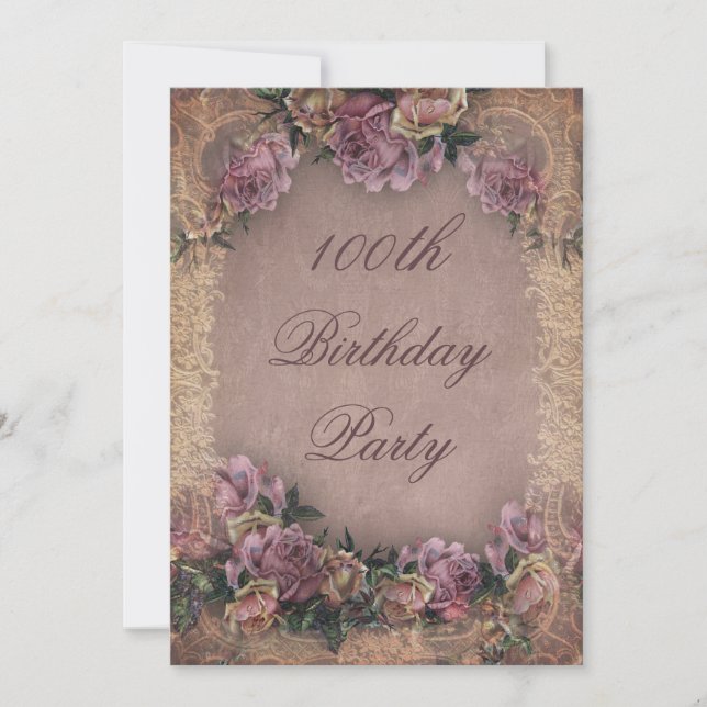 100th Birthday Romantic Vintage Roses and Lace Invitation (Front)