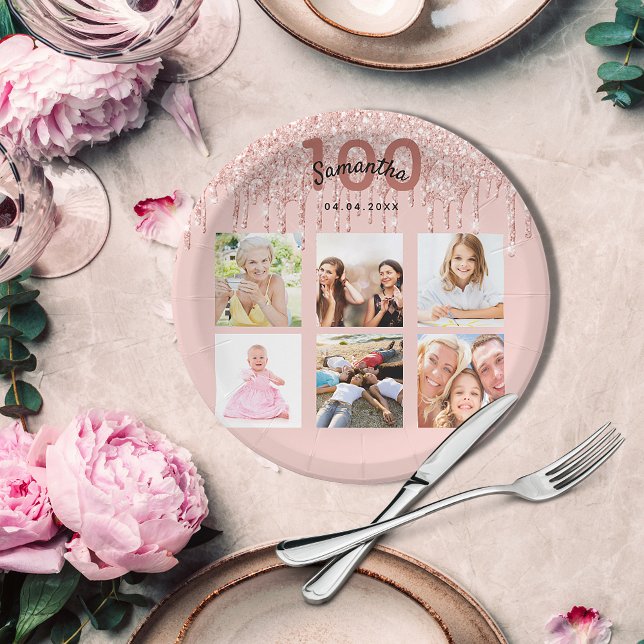 100th birthday rose gold blush glitter photo paper plates (Creator Uploaded)