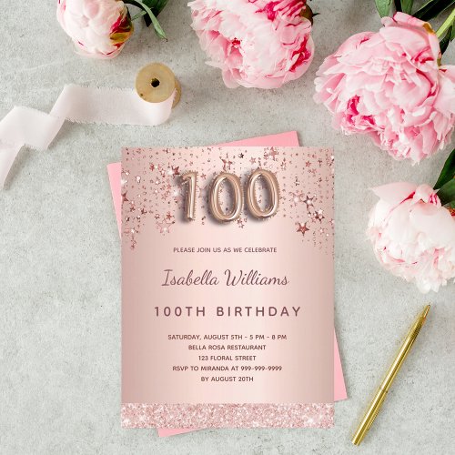 100th birthday rose gold blush stars glamorous postcard