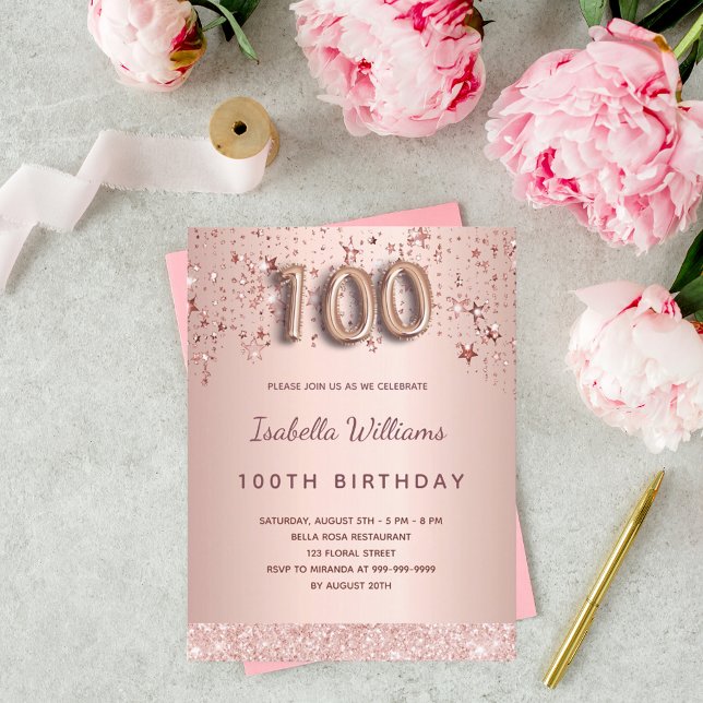 100th birthday rose gold blush stars glamorous postcard (Creator Uploaded)