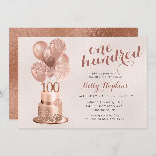 100th Birthday Rose Gold Cake Invitation (Front/Back)