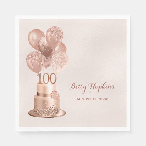 100th Birthday Rose Gold Cake Napkins