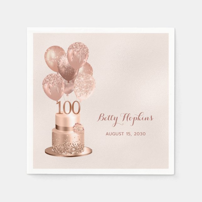 100th Birthday Rose Gold Cake Napkins (Front)