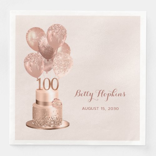 100th Birthday Rose Gold Cake Paper Dinner Napkins