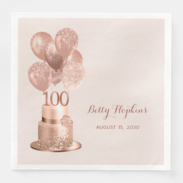 100th Birthday Rose Gold Cake Paper Dinner Napkins (Front)