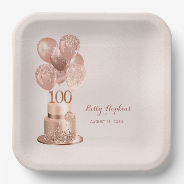 100th Birthday Rose Gold Cake Paper Plate (Front)