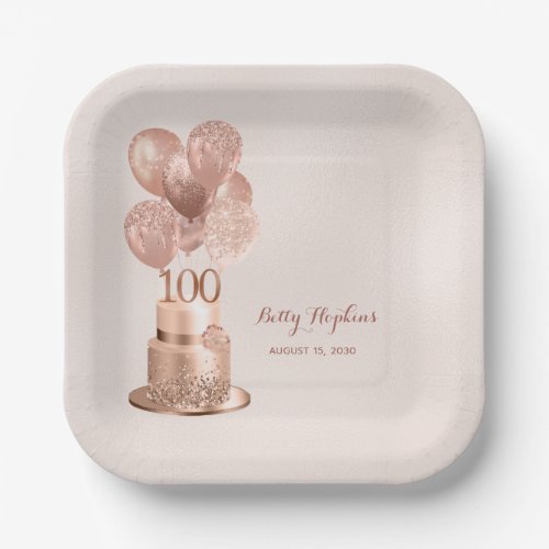 100th Birthday Rose Gold Cake Paper Plate