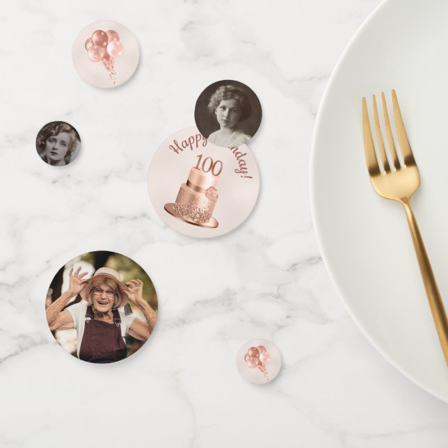 100th Birthday Rose Gold Cake Photo Confetti (Group)