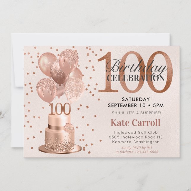 100th Birthday Rose Gold Cake Surprise Party Invitation (Front)