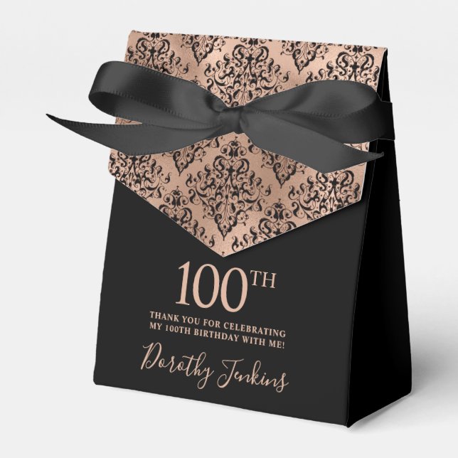 100th Birthday Rose Gold Damask Thank You Favor Boxes (Front Side)