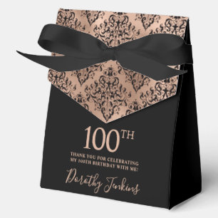 100th Birthday Rose Gold Damask Thank You Favor Boxes