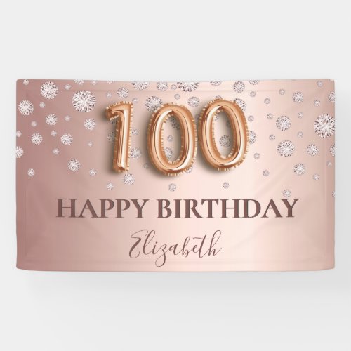 100th birthday rose gold diamonds balloon script banner