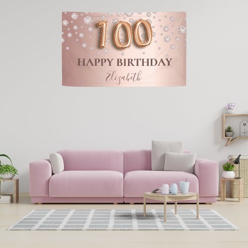 100th birthday rose gold diamonds balloon script banner