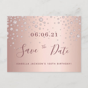 100th birthday rose gold diamonds save the date postcard
