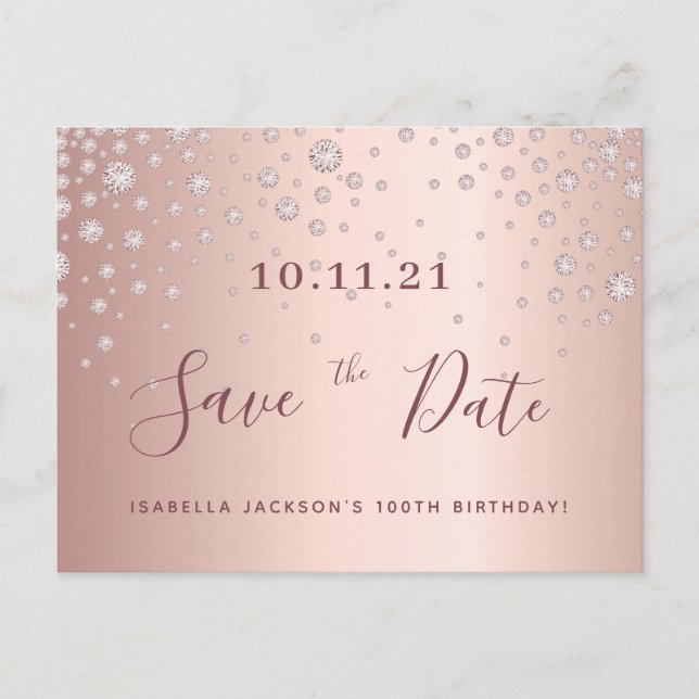 100th birthday rose gold diamonds save the date postcard (Front)