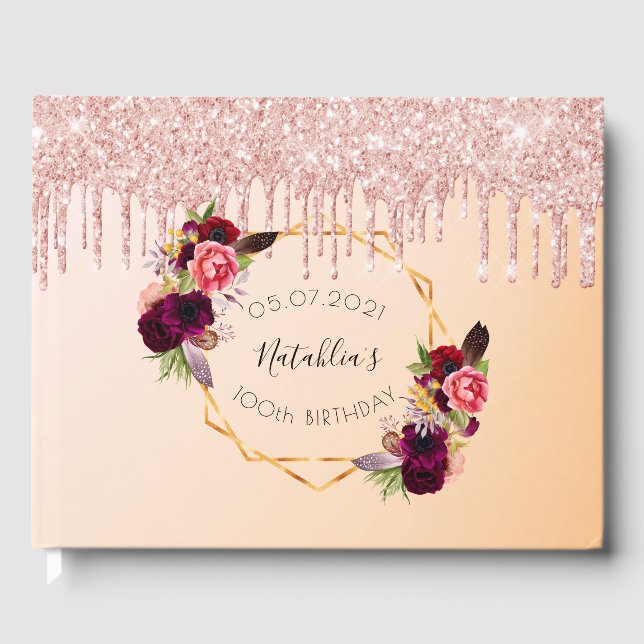 100th birthday rose gold geometric glitter drip guest book (Front)