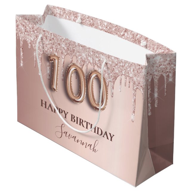 100th birthday rose gold glitter blush pink large gift bag (Back Angled)