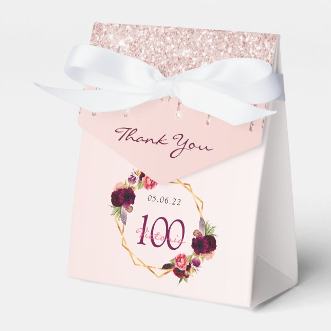 100th Birthday rose gold glitter drips name Favor Boxes (Front Side)