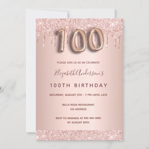 100th birthday rose gold glitter drips pink glam invitation