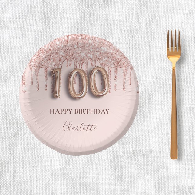 100th birthday rose gold glitter drips pink paper bowls (Creator Uploaded)