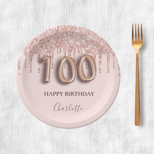 100th birthday rose gold glitter pink balloon chic paper plates