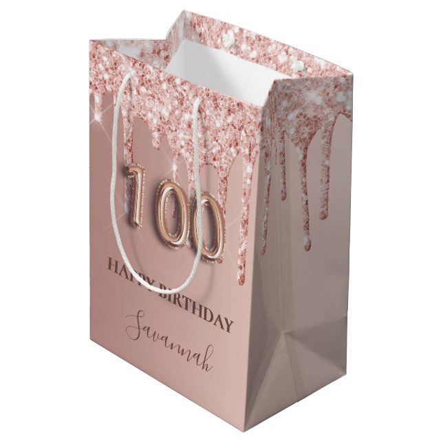 100th birthday rose gold glitter pink balloon medium gift bag (Back Angled)