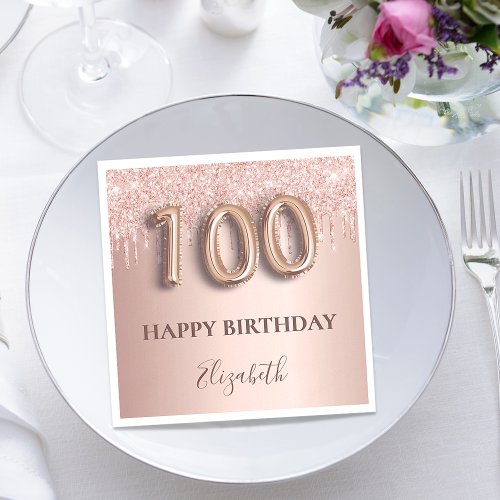 100th birthday rose gold glitter pink balloon text napkins