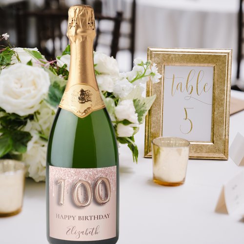 100th birthday rose gold glitter pink balloon text sparkling wine label