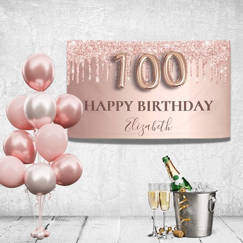 100th birthday rose gold glitter pink balloons banner