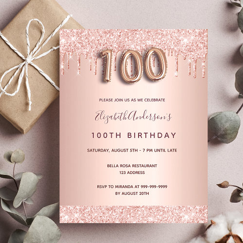 100th birthday rose gold glitter pink invitation