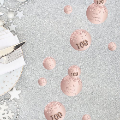 100th birthday rose gold glitter pink monogram confetti