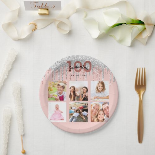 100th birthday rose gold glitter silver photo paper plates