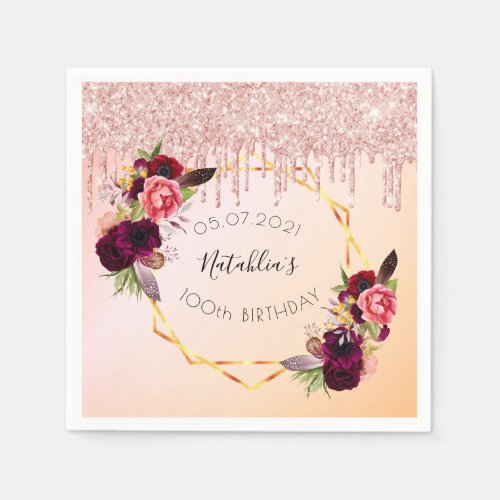 100th birthday rose gold pink geometric glitter napkins