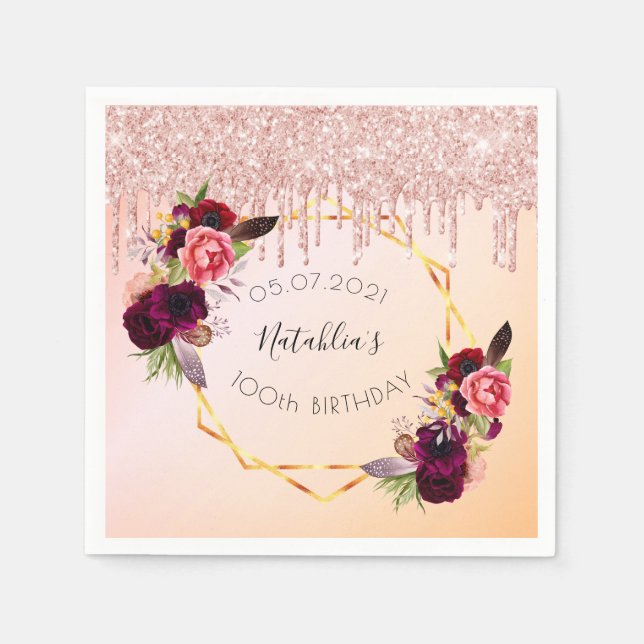 100th birthday rose gold pink geometric glitter napkins (Front)