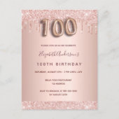 100th birthday rose gold pink invitation postcard (Front)