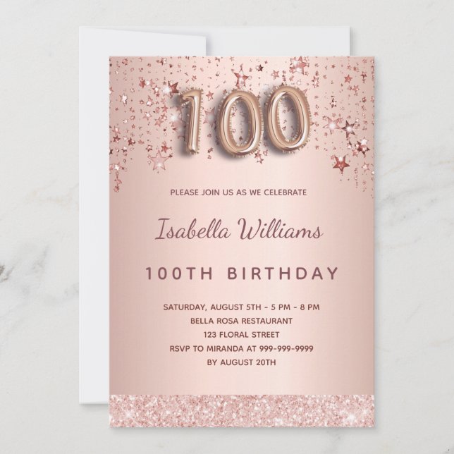 100th birthday rose gold pink stars balloon script invitation (Front)