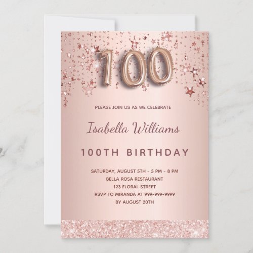 100th birthday rose gold pink stars balloon script invitation