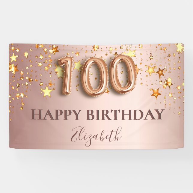 100th birthday rose gold stars pink balloon script banner (Horizontal)