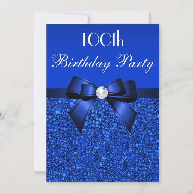 100th Birthday Royal Blue Sequins Bow and Diamond Invitation (Front)