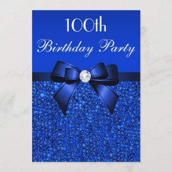100th Birthday Royal Blue Sequins Bow And Diamond Invitation by AJ_Graphics at Zazzle