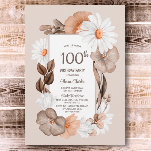 100th Birthday Rustic Boho Floral Party Invitation