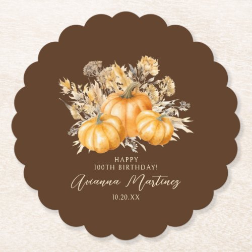 100th Birthday Rustic Boho Pumpkin Fall Custom Paper Coaster