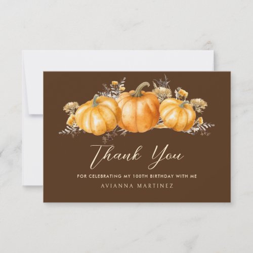 100th Birthday Rustic Boho Pumpkin Flat Thank You Card