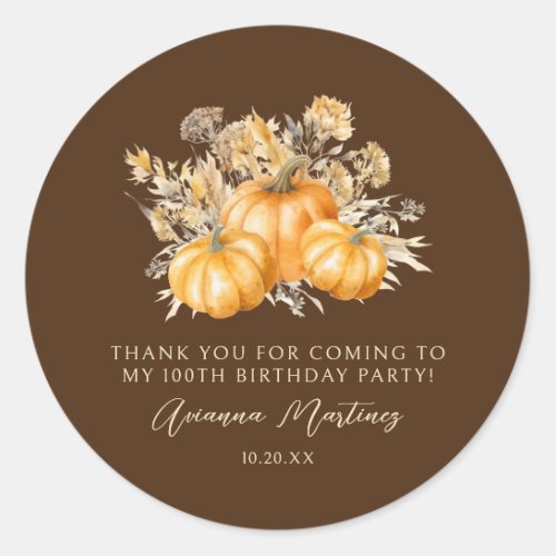 100th Birthday Rustic Pumpkin Fall Thank You Favor Classic Round Sticker